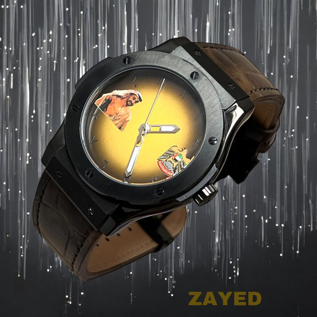 ABU DHABI Flag Zayed Arabic Dial Brown Leather Strap Watch