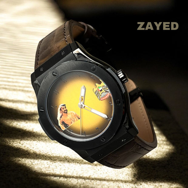 ABU DHABI Flag Zayed Arabic Dial Brown Leather Strap Watch