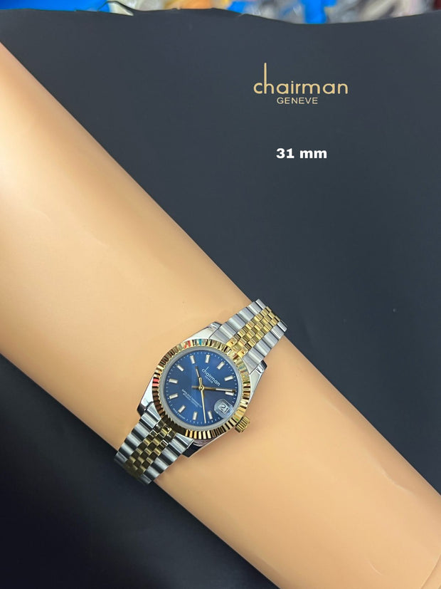 Blue Dated Dial Chairman Geneve Silver Gold Chain Gents Watch