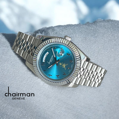 Chairman Geneve Arabic Day And Dated Baby Blue Dial Silver Strap Luxury Watch