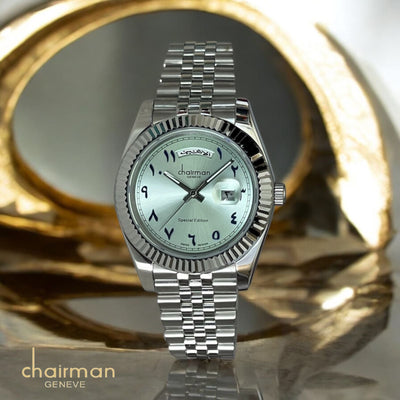 Chairman Geneve Arabic Day And Dated Baby Green Silver Strap Luxury Watch