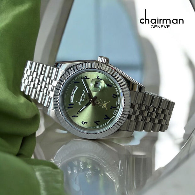 Chairman Geneve Arabic Day And Dated Green Dial Silver Strap Luxury Watch