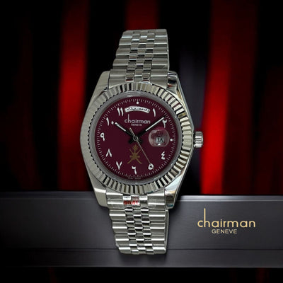 Chairman Geneve Arabic Day And Dated Maroon Dial Silver Strap Luxury Watch