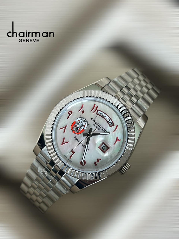 Chairman Geneve Arabic Dial Dated Silver Strap Luxury Watch