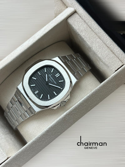 Chairman Geneve Black Dated Dial Silver Strap Gents Luxury Watch