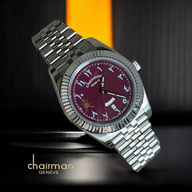 Chairman Geneve Dated Arabic Maroon Dial Silver Chain Luxury Watch