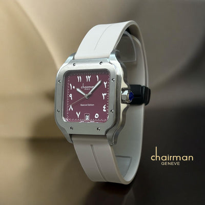 Chairman Geneve Dated Arabic Maroon Dial White Strap Luxury Watch