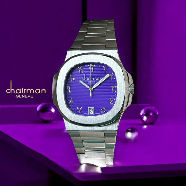 Chairman Geneve Dated Arabic Purple Dial Silver Chain Luxury Watch