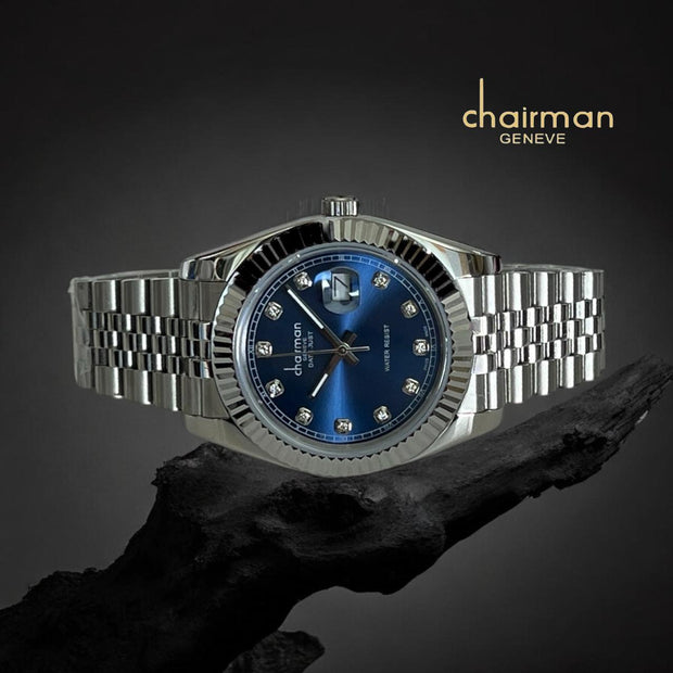 Chairman Geneve Dated Blue Dial Silver Chain Luxury Watch