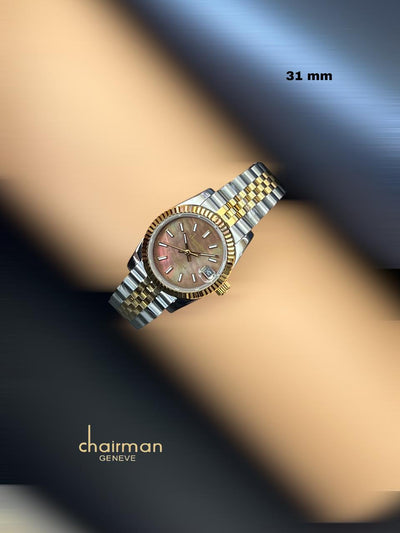 Chairman Geneve Dated Brown Dial Silver Gold Strap Ladies Luxury Watch