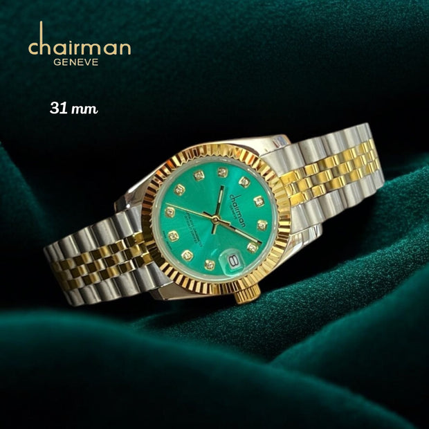 Chairman Geneve Dated Green Dial Silver And Gold Color Chain Luxury Watch