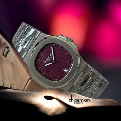 Chairman Geneve Dated Maroon Arabic Dial Silver Strap Luxury Watch