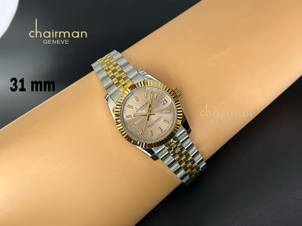 Chairman Geneve Dated Silver Gold Chain Luxury Watch