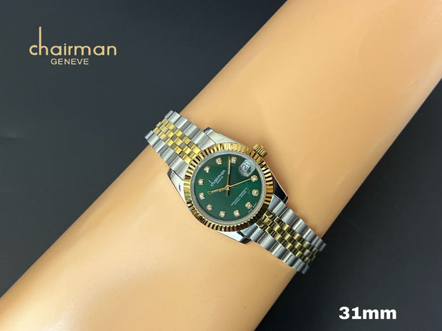 Chairman Geneve Green Stone Dated Dial Silver Gold Chain Gents Watch