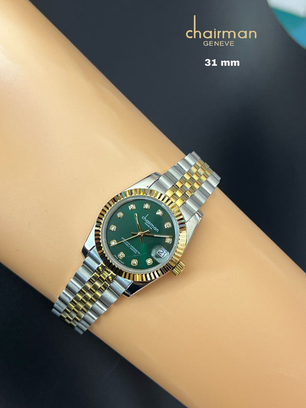 Chairman Geneve Green Stone Dated Dial Silver Gold Chain Gents Watch