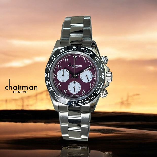 Chairman Geneve Maroon Color Arabic Dial Steel Strap Men's Luxury Watch