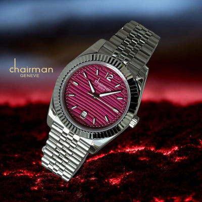 Chairman Geneve Maroon Dated Dial Silver Chain Luxury Watch