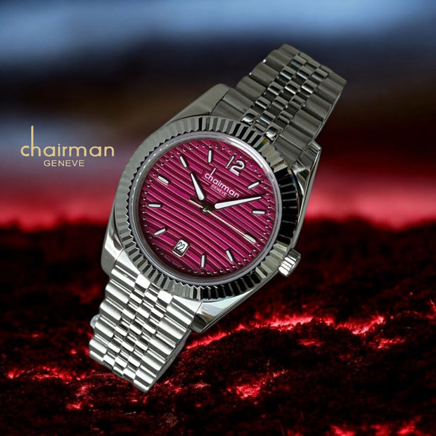 Chairman Geneve Maroon Dated Dial Silver Chain Luxury Watch