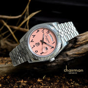 Chairman Geneve Pink Dated Arabic Dial Silver Strap Luxury Watch