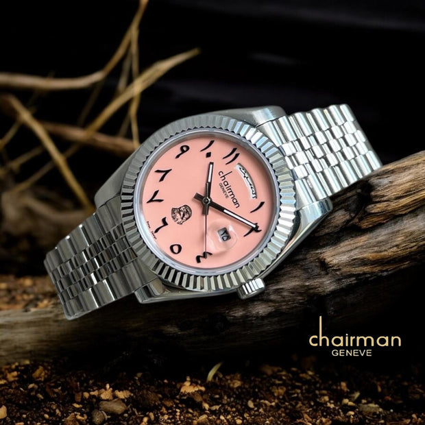 ساعة Chairman Geneve Pink Dated Arabic Strap Silver الفاخرة