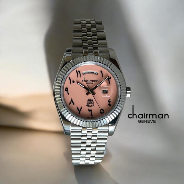 Chairman Geneve Pink Dated Arabic Dial Silver Strap Luxury Watch