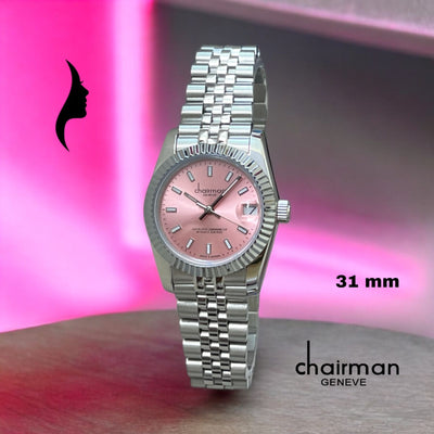 Chairman Geneve Pink Dated Dial Silver Strap Luxury Watch