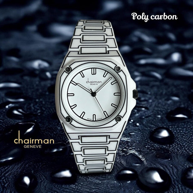 ساعة Chairman Geneve Poly Carbon White Dial بسوار أبيض وأسود فاخرة