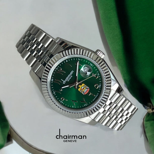 Chairman Geneve UAE Emblem Arabic Dated Green Dial Silver Strap Luxury Watch