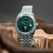 Chairman Geneve UAE Emblem Arabic Dated Green Dial Silver Strap Luxury Watch