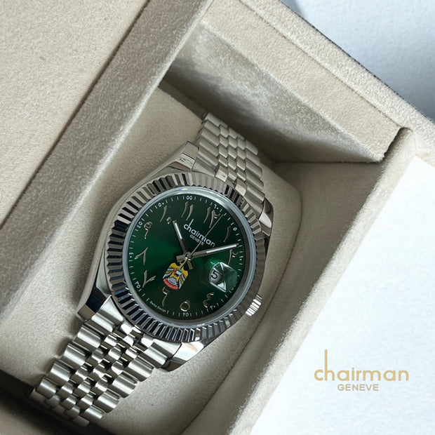 Chairman Geneve UAE Emblem Arabic Dated Green Dial Silver Strap Luxury Watch