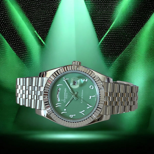 Dated Arabic Green Dial Silver Strap Chairman Geneve Men's Watch