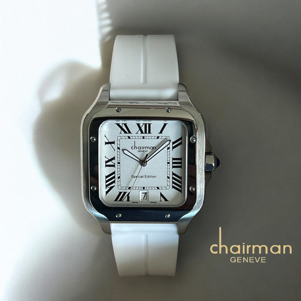 Roman Numeral Dated White Dial White Strap Special Edition Chairman Geneve Ladies Watch