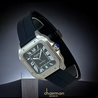 ساعة Chairman Geneve Special Edition للسيدات بقرص أسود وحزام أسود وأرقام رومانية وتاريخ