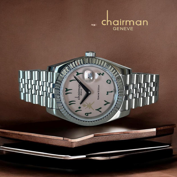 Special Edition Chairman Geneve Arabic Dated Pink Dial Silver Chain Gents Watch