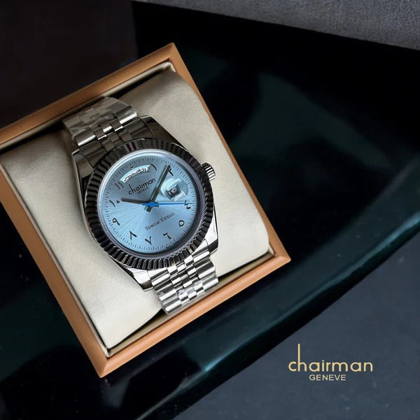 Special Edition Chairman Geneve Day And Dated Sky Blue Dial Silver Chain Luxury Watch