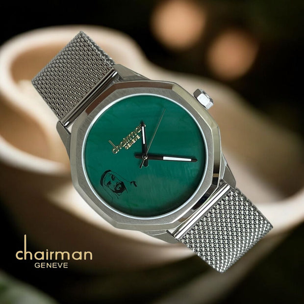 UAE Founder Picture Arabic Green Marble Dial Silver Chain Chairman Geneve Luxury Watch