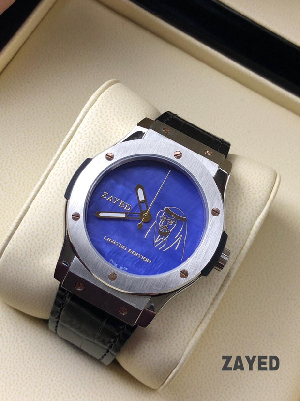 Zayed Men's Limited Edition Watch with Blue Dial, Metal Frame, and Black Strap