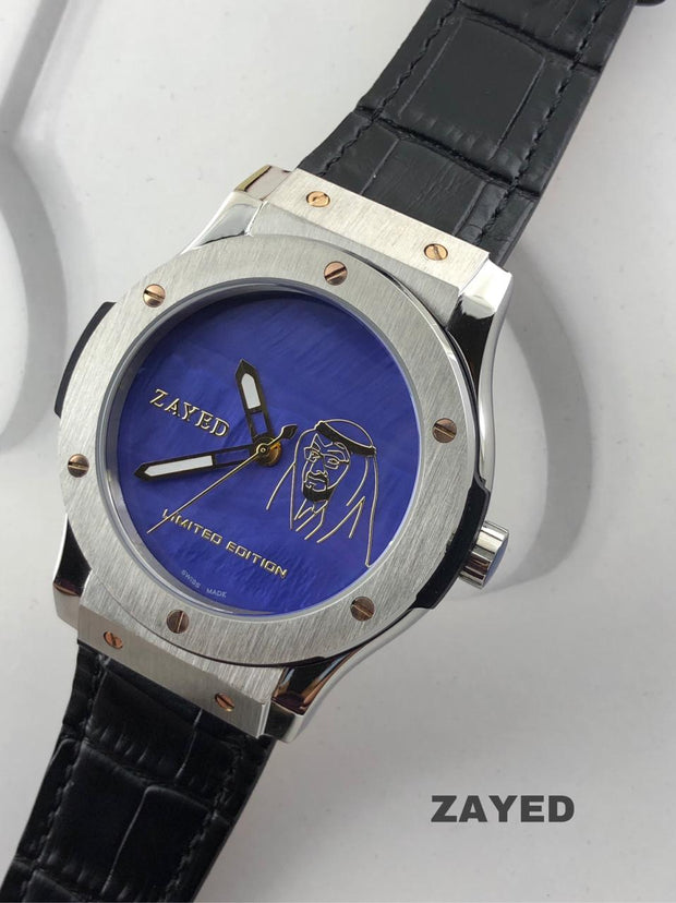 Zayed Men's Limited Edition Watch with Blue Dial, Metal Frame, and Black Strap