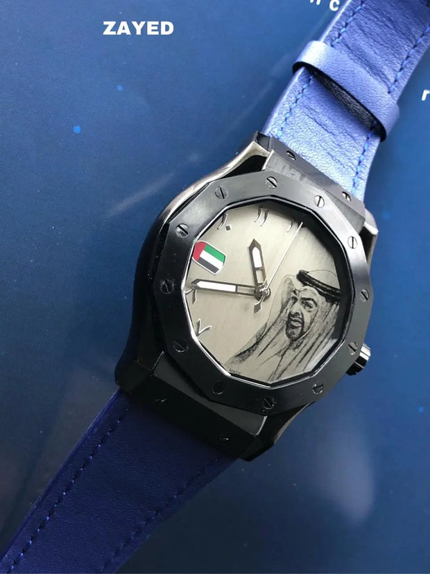 Zayed UAE Flag Men's Watch with Blue Strap and Metallic Dial