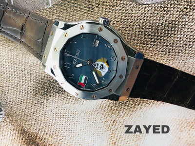 Zayed Men's Watch with Dark Blue Dial, Metal Case, and UAE Flag