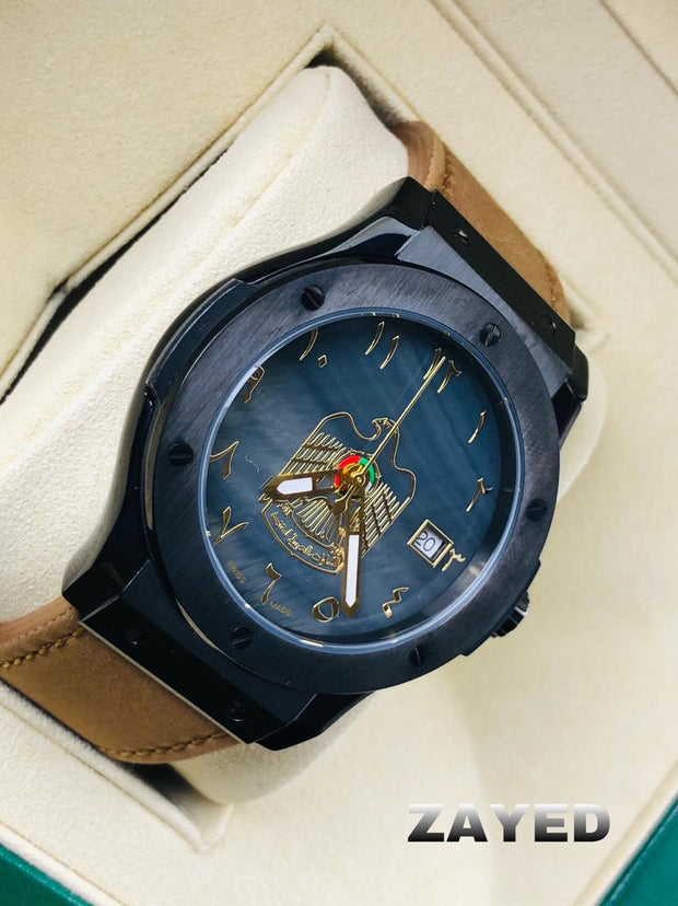 Zayed Men's Watch with Blue Metal Dial, Brown Strap, and Abu Dhabi Flag