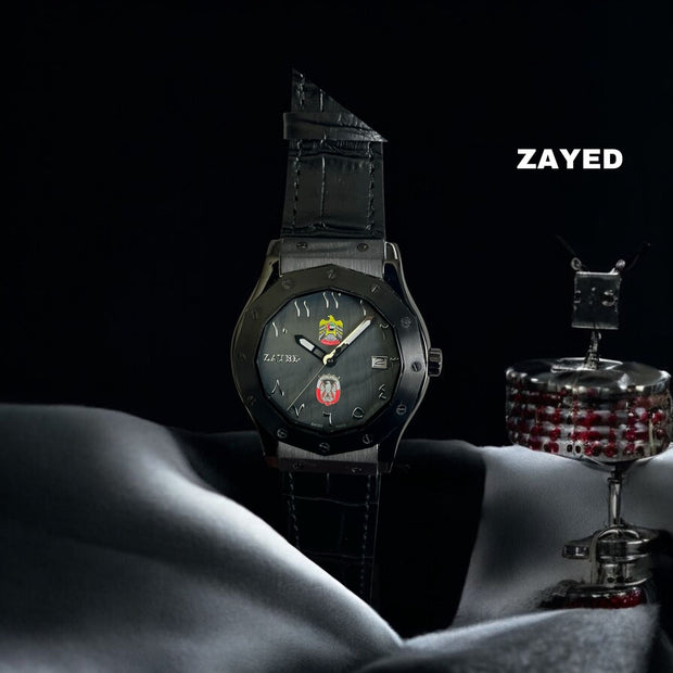 Zayed Emblem Of UAE And ABU DHABI Arabic Dated Grey Dial Black Strap Luxury Watch