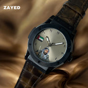 Zayed Flag Founder Of UAE Grey Arabic Dial Brown Strap Luxury Watch