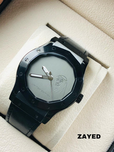 Zayed Limited Edition Watch with Metallic Gray Dial and Black Strap