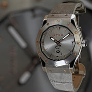 Zayed Metal Finish Grey Leather Strap Watch Arabic Dial Luxury Watch