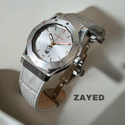 Zayed Metal Finish Grey Leather Strap Watch Arabic Dial Luxury Watch