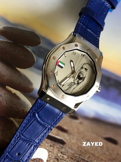 Zayed Watch with Metal Dial and Blue Strap Featuring UAE Flag Decoration