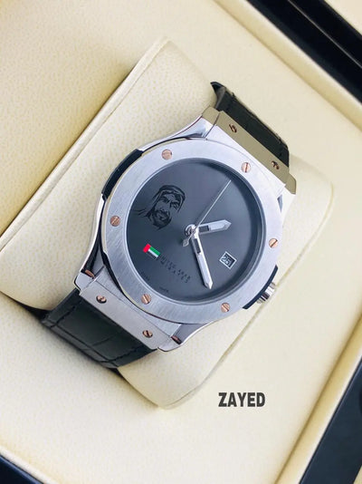 Zayed Men's Watch with Metal Dial, Silver Case, Black Strap Embellished with UAE Flag