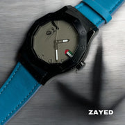 Zayed UAE Flag Grey Arabic Dial Sky Blue Strap Luxury Watch