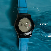 Zayed UAE Flag Grey Arabic Dial Sky Blue Strap Luxury Watch